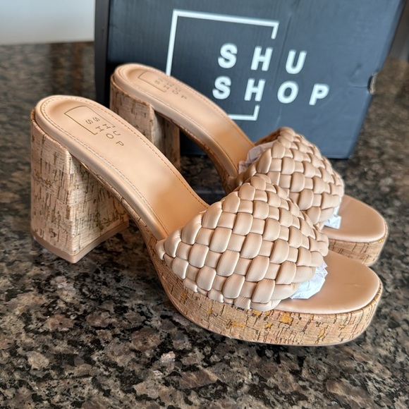 ShuShop Women's Tan Woven Cork Platform Heels NWT 9 - Picture 4 of 14